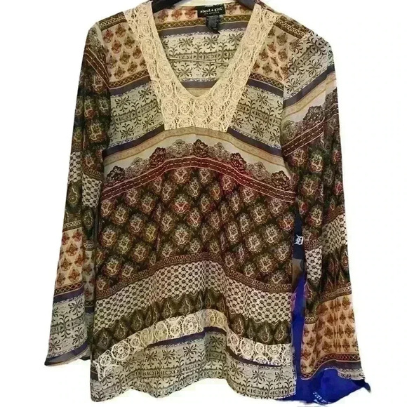 About a Girl Los Angeles Peasant Blouse Size S Boho Sheer Multi Colored Sleeves - Picture 1 of 13